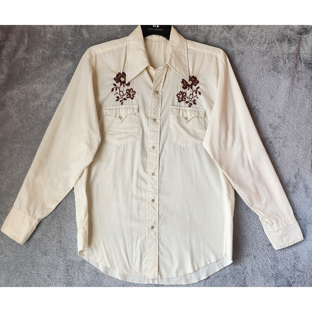 Womens Shirt XL Cream Floral Embroidered Pearl Snap Western 80s Vintage Top